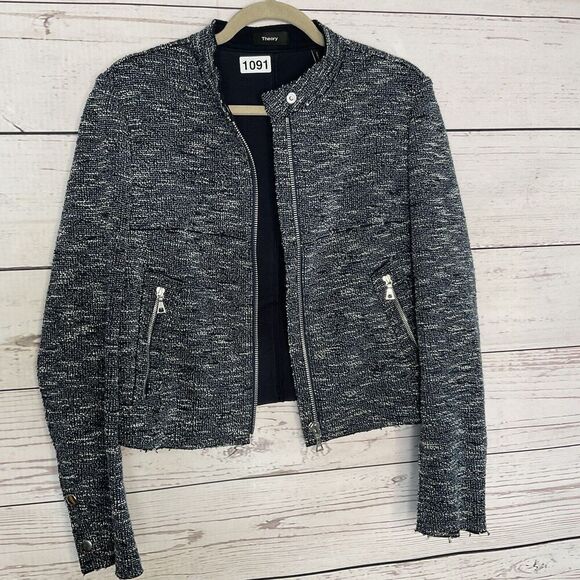 THEORY Jacket Womens Medium Moto Jacket Blue Tweed Raw Hem Neutral Minimalist - Picture 11 of 16